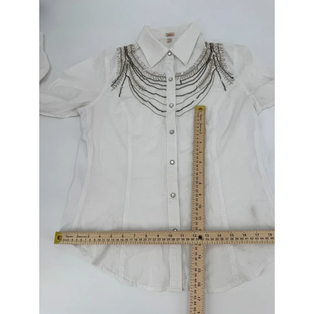 Y2K Reba Western Shirt Womens‎ Medium White Rhinestone Chain Cotton Pearl Snap